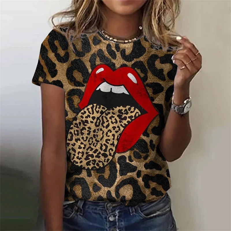 Hot Summer Casual Ladies Leopard Print Sexy Lips 3D Printed T-shirt Plus Size Loose Everyday Fashion Street Short-sleeved Top