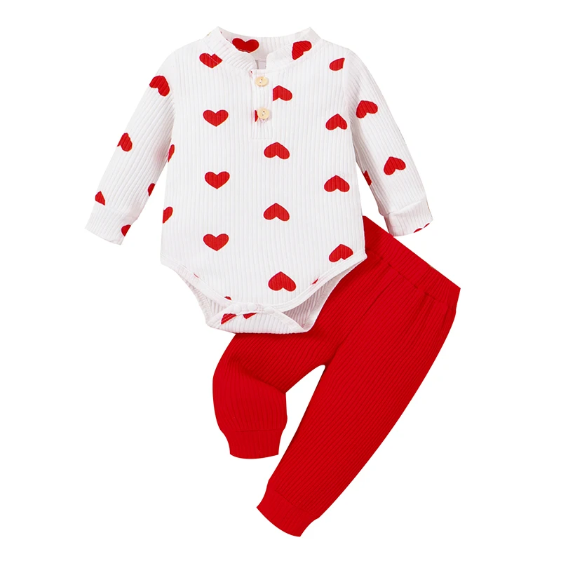 

Caoirhny Infant Baby Girl Set Long Sleeve Mock Neck Button Down Heart Print Romper Elastic Drawstring Waist Ribbed Pants