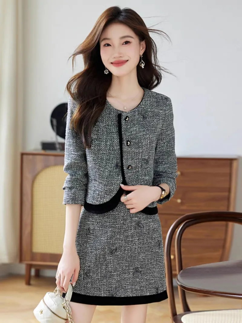 

New High End Autumn Elegant Tweed Women's Sets Slim O-neck Long Sleeve Cardigan Coat Crop Top + Mini Skirt 2 Piece Sets Outfit