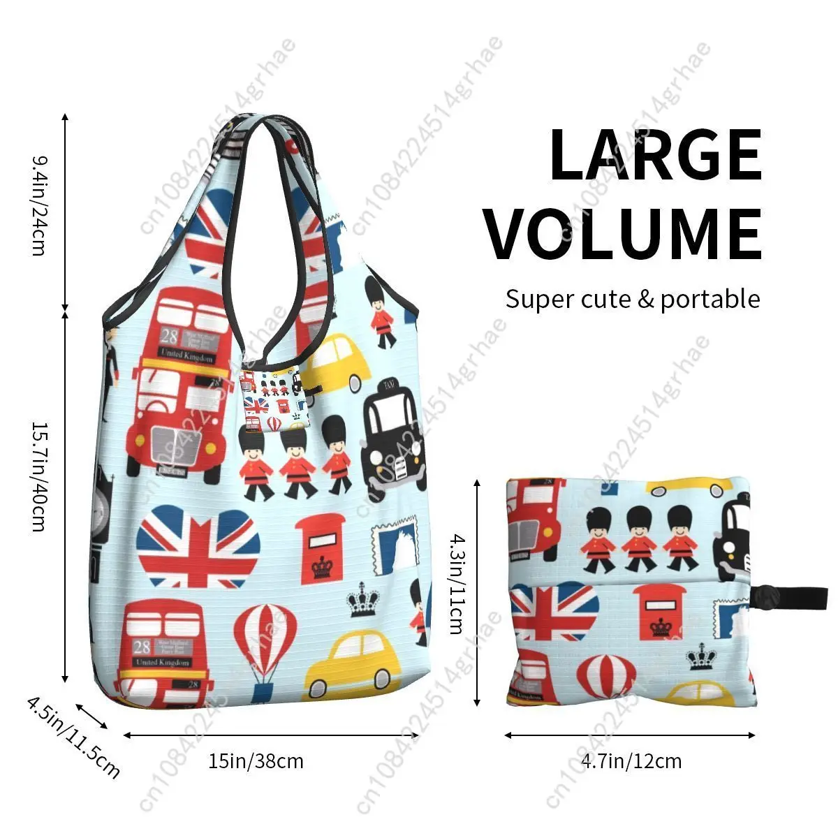 Custom British Flag London Red Bus Car Grocery Shopping Bag Fashion Shopper Tote Shoulder Bags Large Capacity Portable Handbag view 6