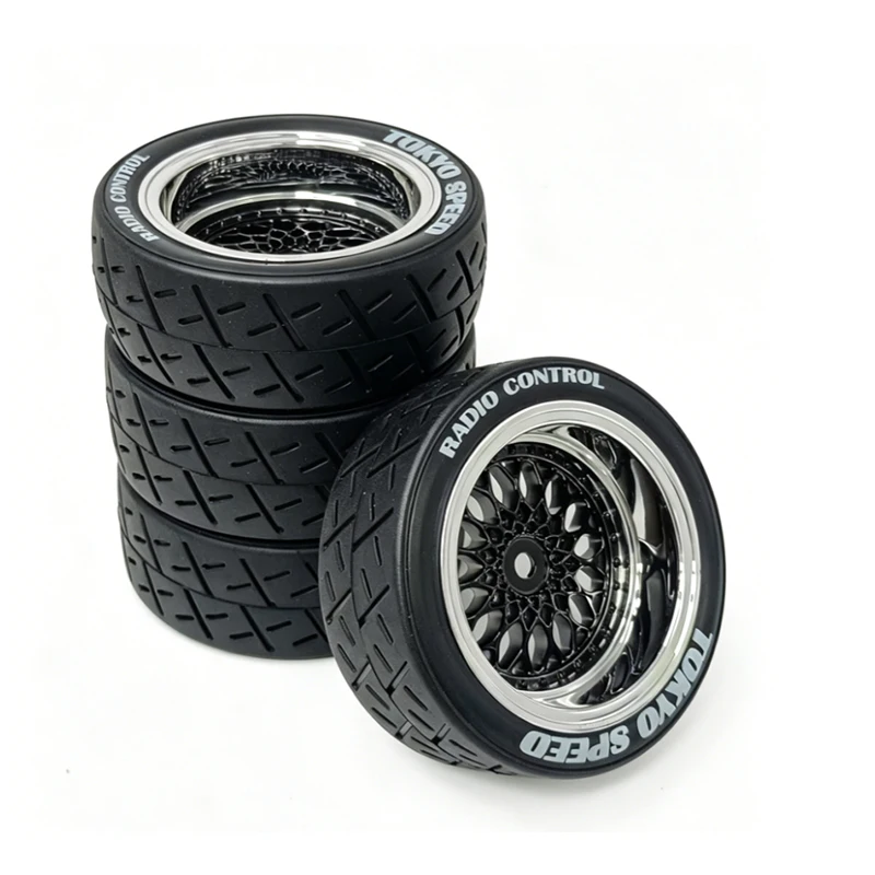 4Pcs 1/10 RC Drift Car Tires with Chrome Mesh Rims Non-Slip Rubber Drifting Tyres for HSP Tamiya TT01 Upgrade