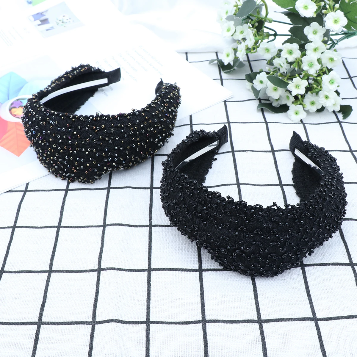 

2Pcs Beaded Wide Hair Hoop Non- Headband for Women Girls Everyday Wear Makeup Bohemian Style