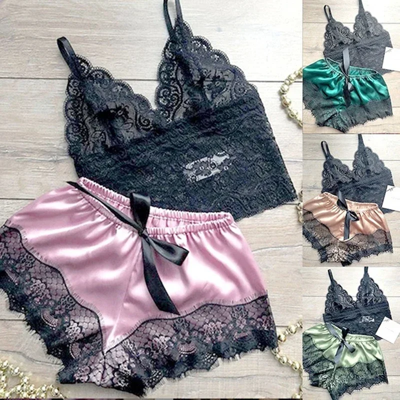 

Sexy Lace Silk Sleepwear Two Piece Set Of Suspender Shorts For Women Pajamas Set Lingerie Crop Tops Shorts Nightwear