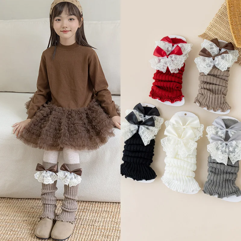 Lace Bow Leg Warmers Girls Autumn and Winter Ballet Style Lolita Knee Warmers Calf Leg Covers JK Knitted Girl White Socks