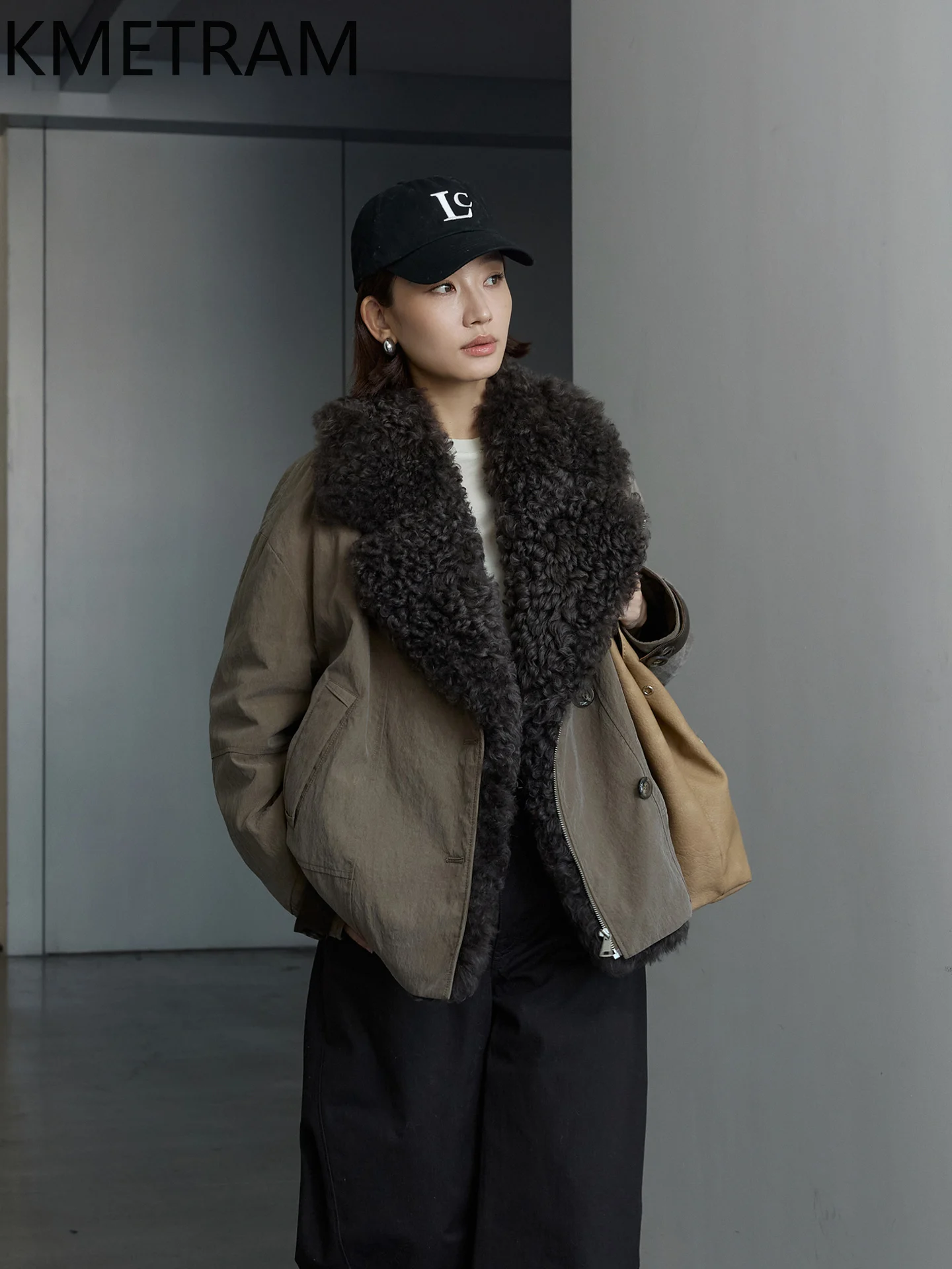 KMETRAM chaqueta de plumas de ganso blanco mujer piel de oveja con lana cuello adjunto abrigos de invierno ropa de mujer chaquetas acolchadas 2025 шуба