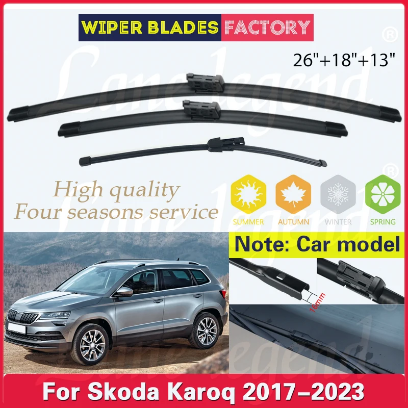 

For Skoda Karoq 2017 2018 2019 2020 2021 2022 2023 Front Rear Wiper Blade Rubber Windshield Windscreen Car Rain Brush 26"18"13"