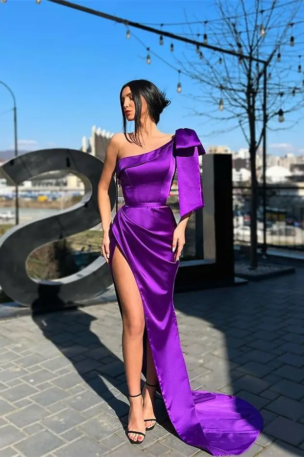 

Purple Evening Dresses Satin One Shoulder with Bow Mermaid with High Slit Long Sweep Train Graduation Prom Gowns Homecoming