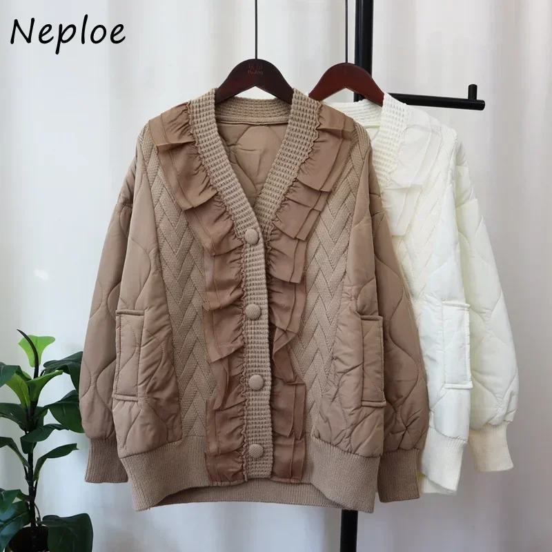 Neploe 2024 Autumn Winter Thickened Lace Edge Splicing Knitted Cotton Jacket Femme Loose Premium Sweet V-Neck Sweater Coats