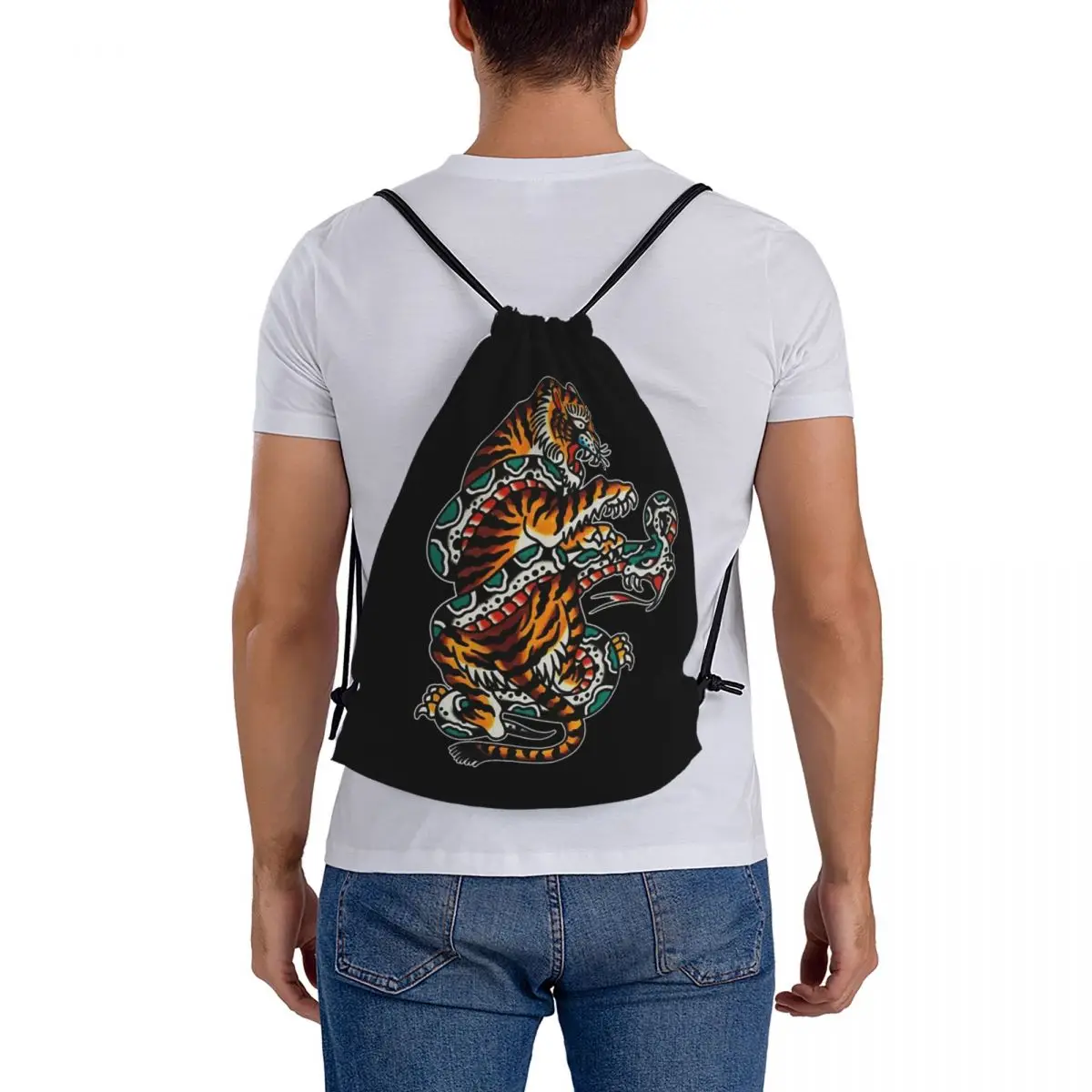 Traditional Tiger Fighting Serpent Tattoo Backpacks Drawstring Bundle Pocket Sundries Bag Book Bags for Man Woman School