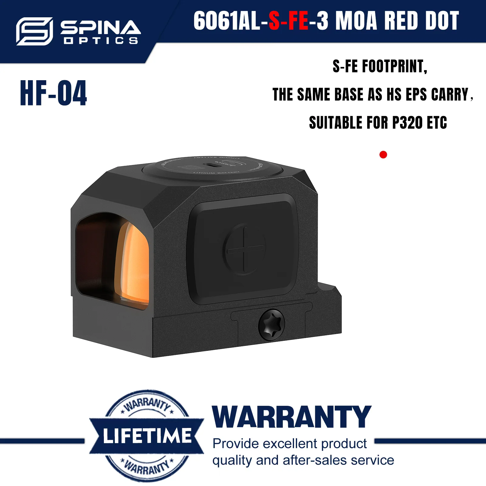 SPINA OPTICS S-FE Enclosed Red Dot 3MOA Shake Awake For P320 Fit A.C.R.O. 10 Brightness Top Battery
