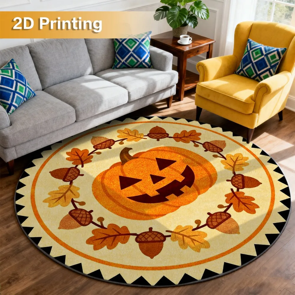 Halloween Round Rug Living Room Carpet Pumpkin Autumn Maple Leaf Floor Mat Orange