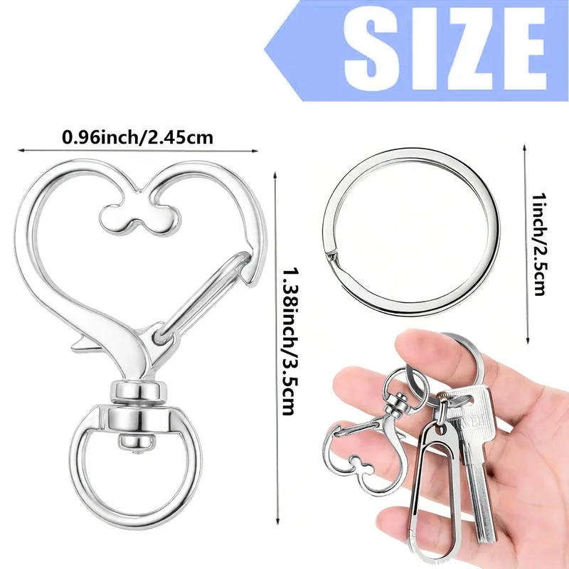 26PCS（13A keychain+13a keychain）Heart-shaped alloy keychain with a rotating spring hook and a trigger-style lobster clasp，With d
