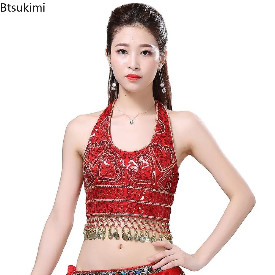 2026 Women's Sparkly Sequin Tassel Belly Dance Costume Party Clubwear Tank Tops Vintage Fashion U-Neck Halter Backless Camisoles