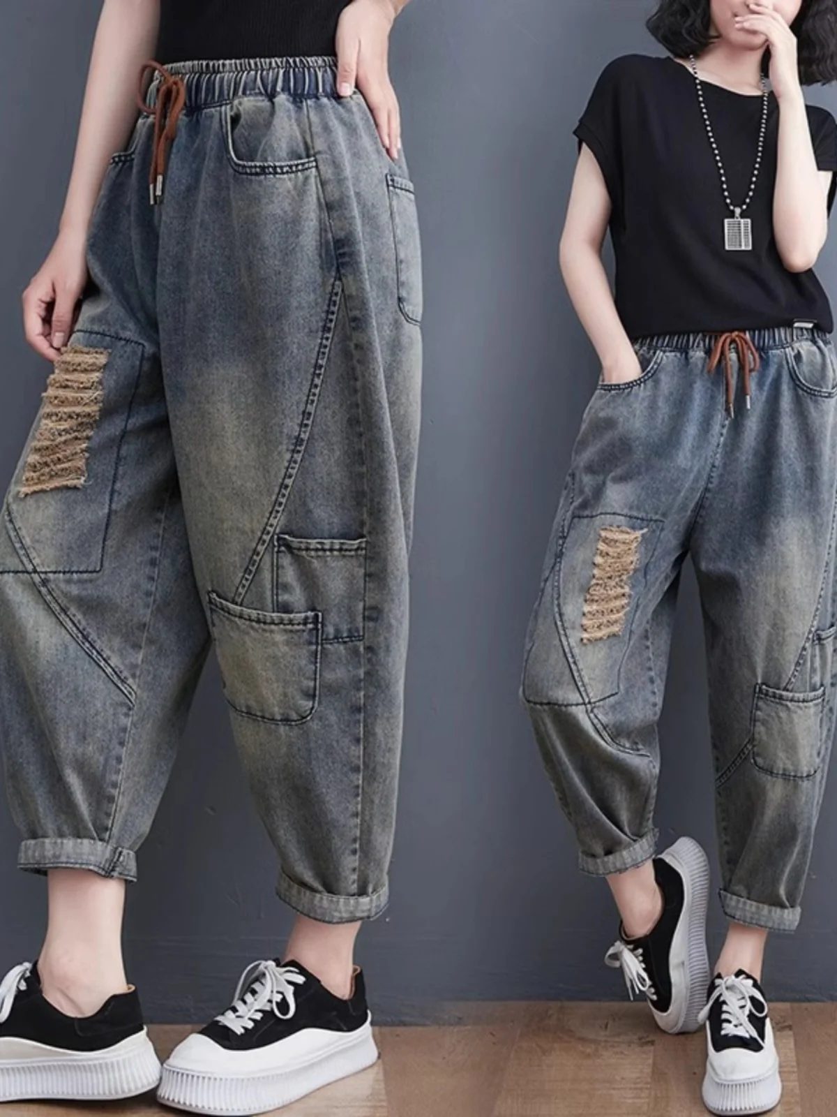 

Loose Women's Denim Jeans Summer High Waist Nine Points Thin Jeans Harlan Pants Worn-M Look Hole Design Vintage Sle