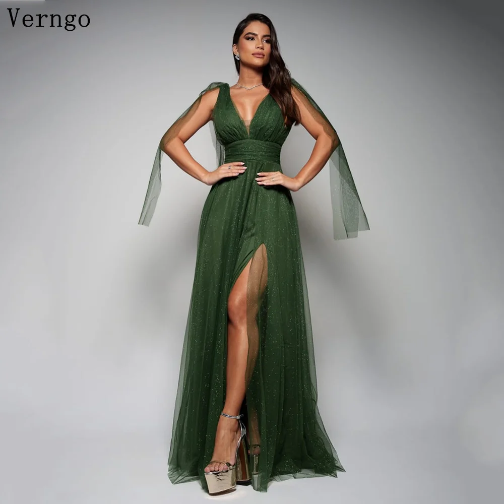 

Verngo Green Tulle Prom Gowns Spaghetti Straps A Line Evening Dresses Deep V Neck Sleeves Zipper Back Party Dress