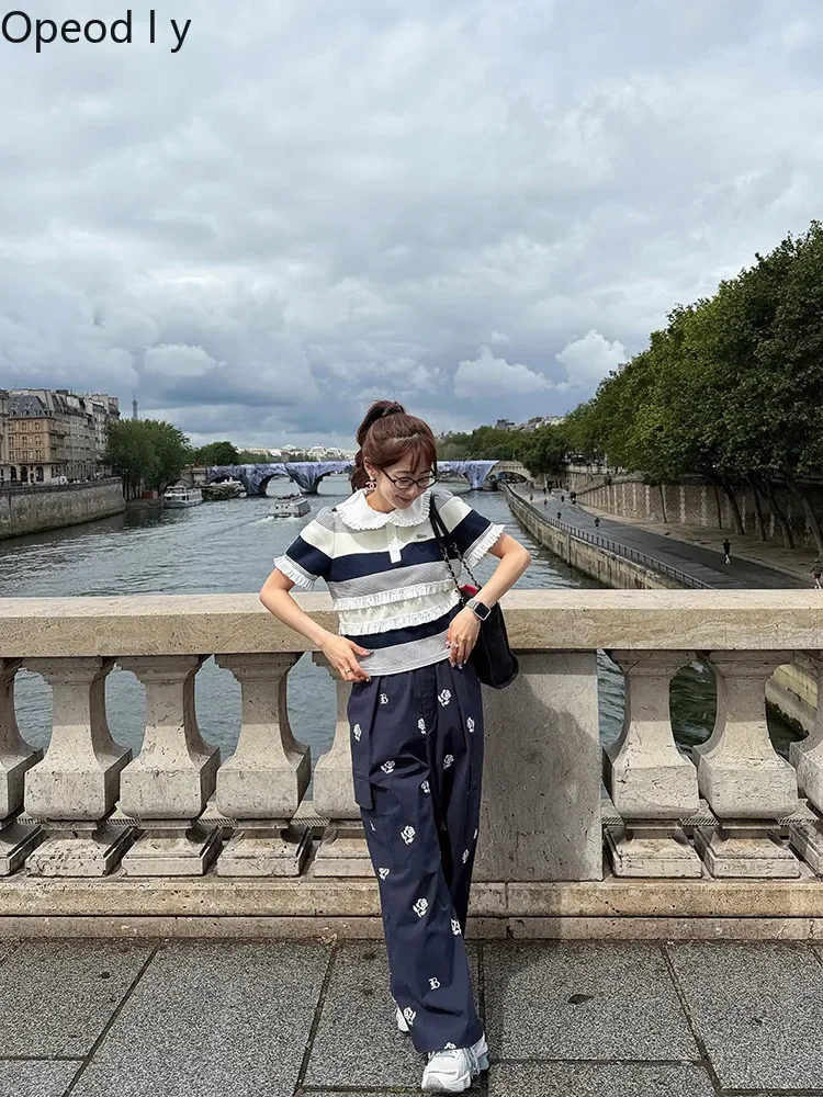 New 2026 Japanese Sweet Striped Ruffle Edge Knitted Women's Top Summer Doll Collar Fashion Girls Commuter Short-sleeved T-shirt