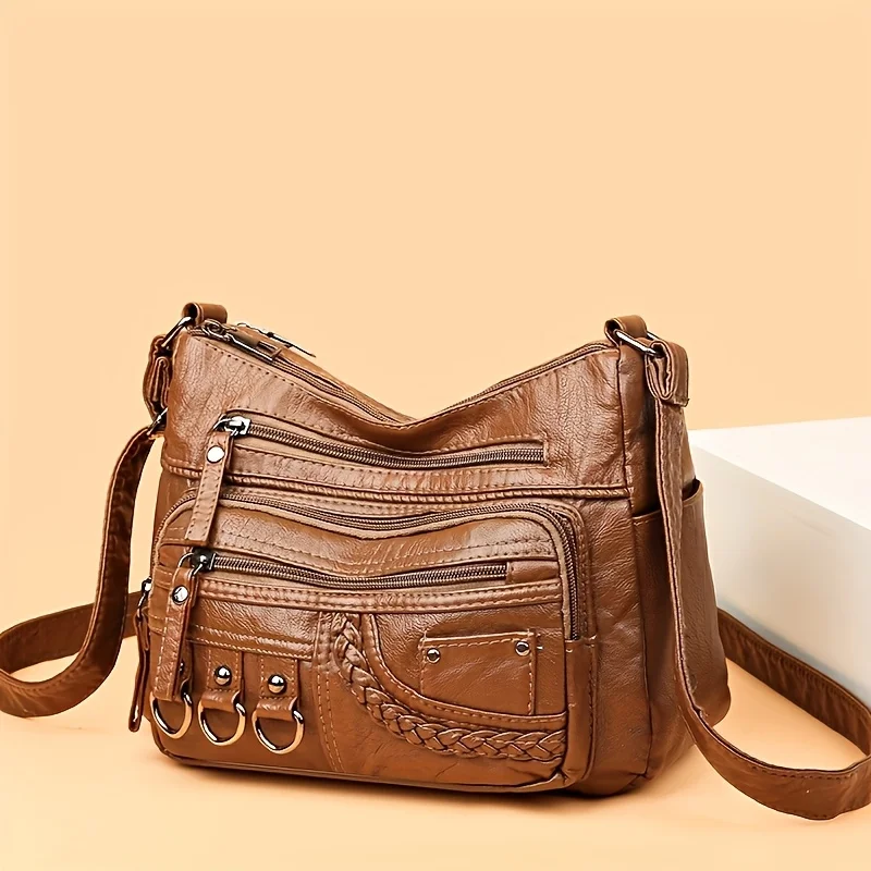 Women'S Large Capacity Shoulder Crossbody Bag, Multi Layer Zipper Pocket Synthetic Handbag Purse with Golden-Tone Hardware view 2