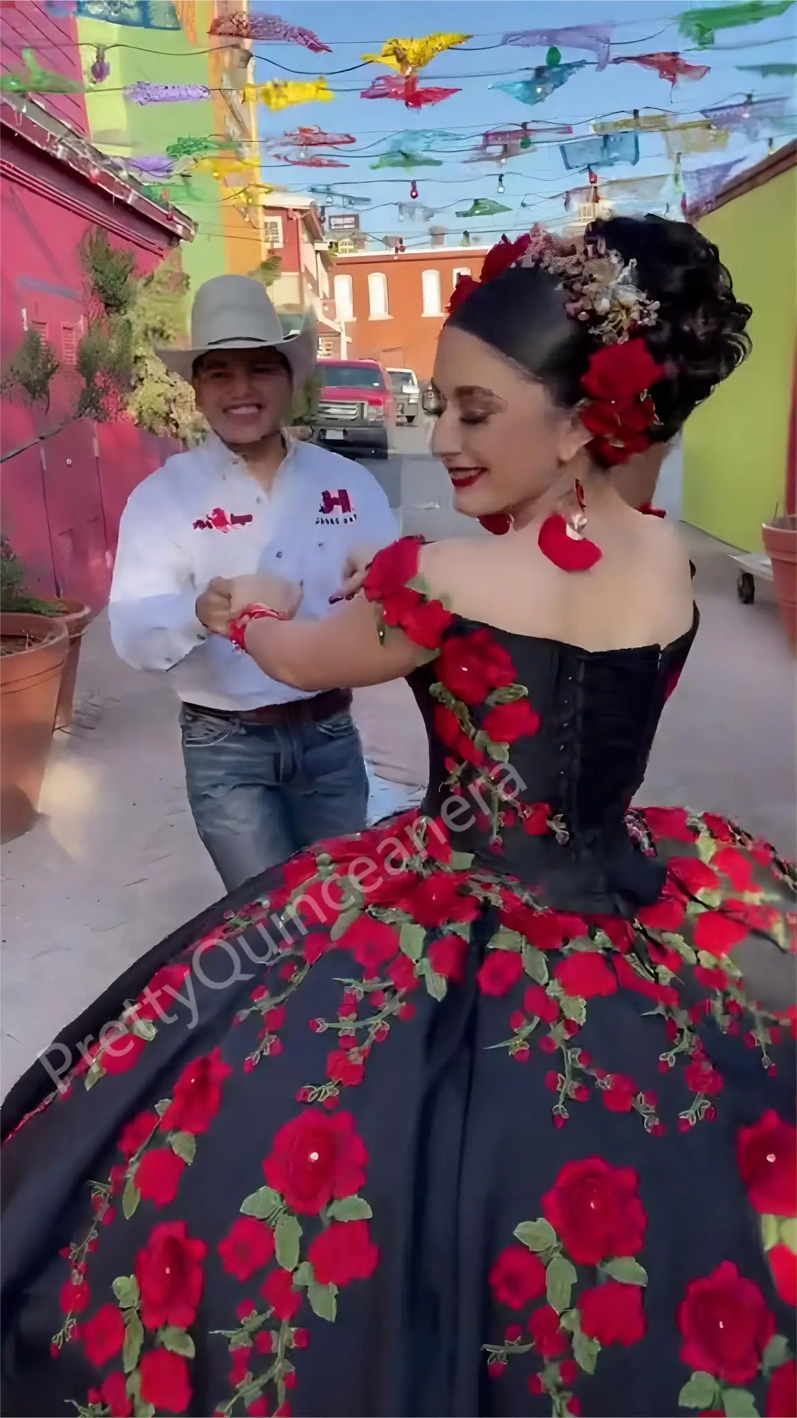 Black Mexican Style Quinceanera Dresses Charro Red 3D Flowers Embroidered Lace Layers Satin Vestidos Para XV AƱos Customized