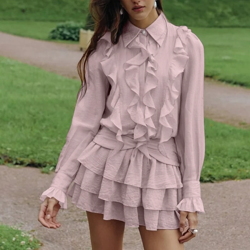 

TARUXY Ruffled Pleated Dress Women's Solid Collared Long-Sleeve Waist-Cinching A-Line Dress Female Spring Summer Commuting Dress