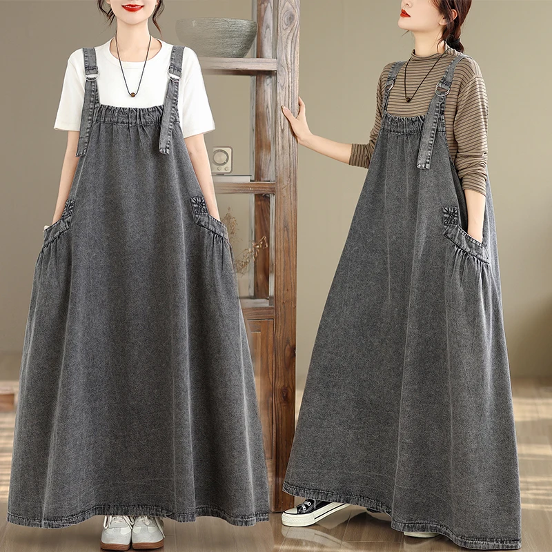 

Retro Loose Women's Denim Skirt Long Dress Big Swing Quality Cotton Polyester Blend City Commute Style plus Size Dress