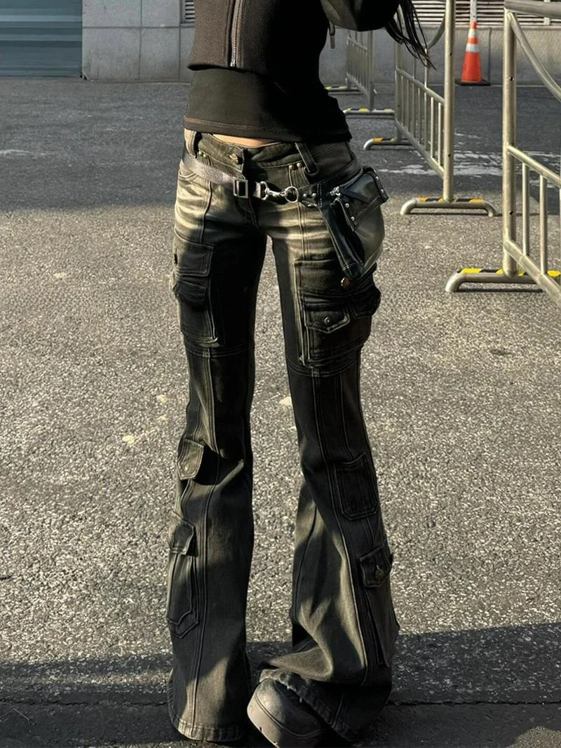 American High Street Design Multi-Pocket Work Pants Women Summer New Style Slimming Micro Flared Floor-Length Jeans