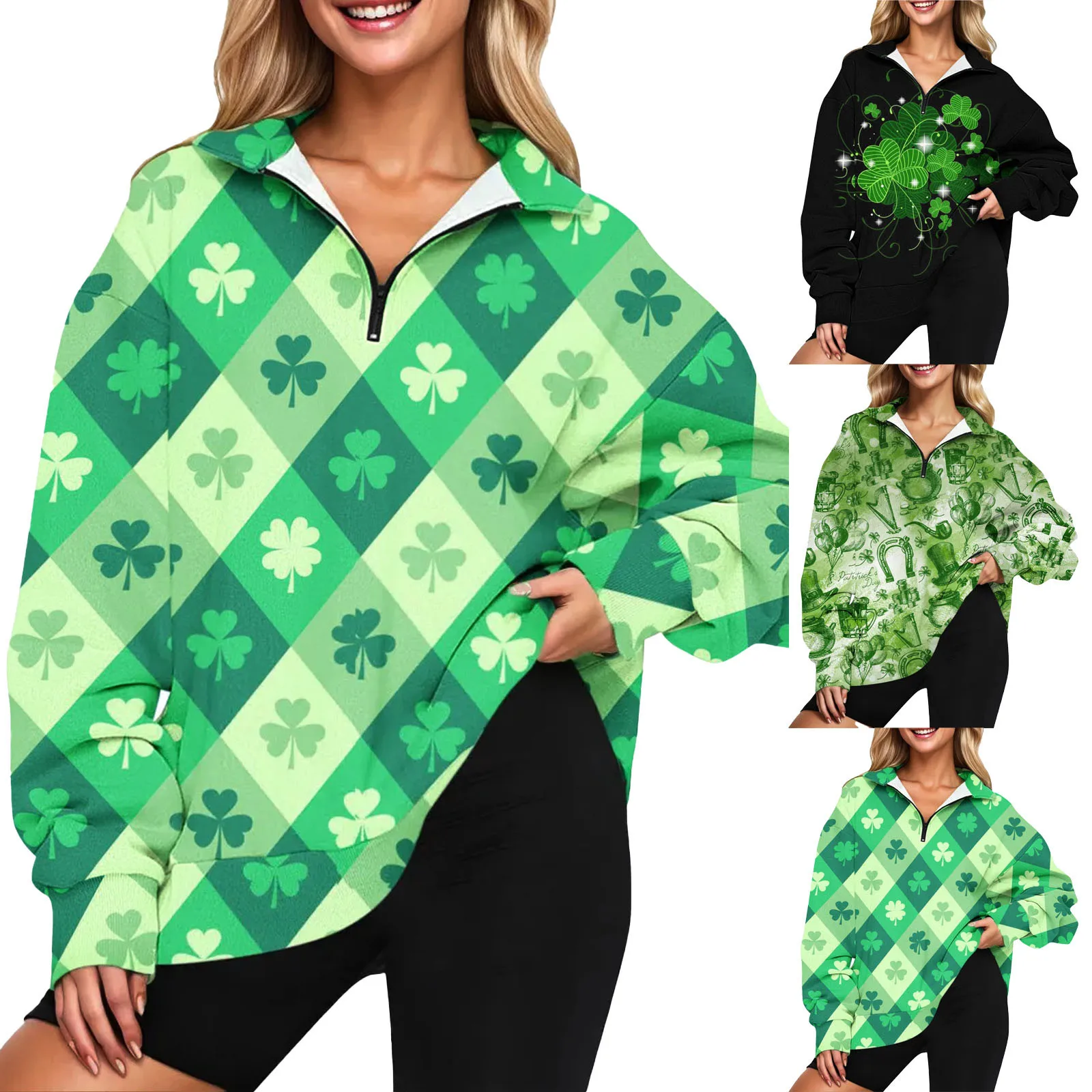 

Womens Fashion Oversized Half Zip Pullover Long Sleeve St Patricks Day Print chic Korean style Basic Pullover Top