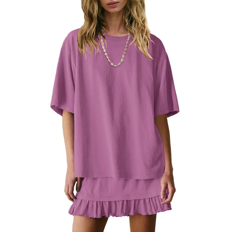 

Casual Loose Round Neck Short Sleeve Top Ruffle Mini Skirt Two-piece Set Women Summer Outfit