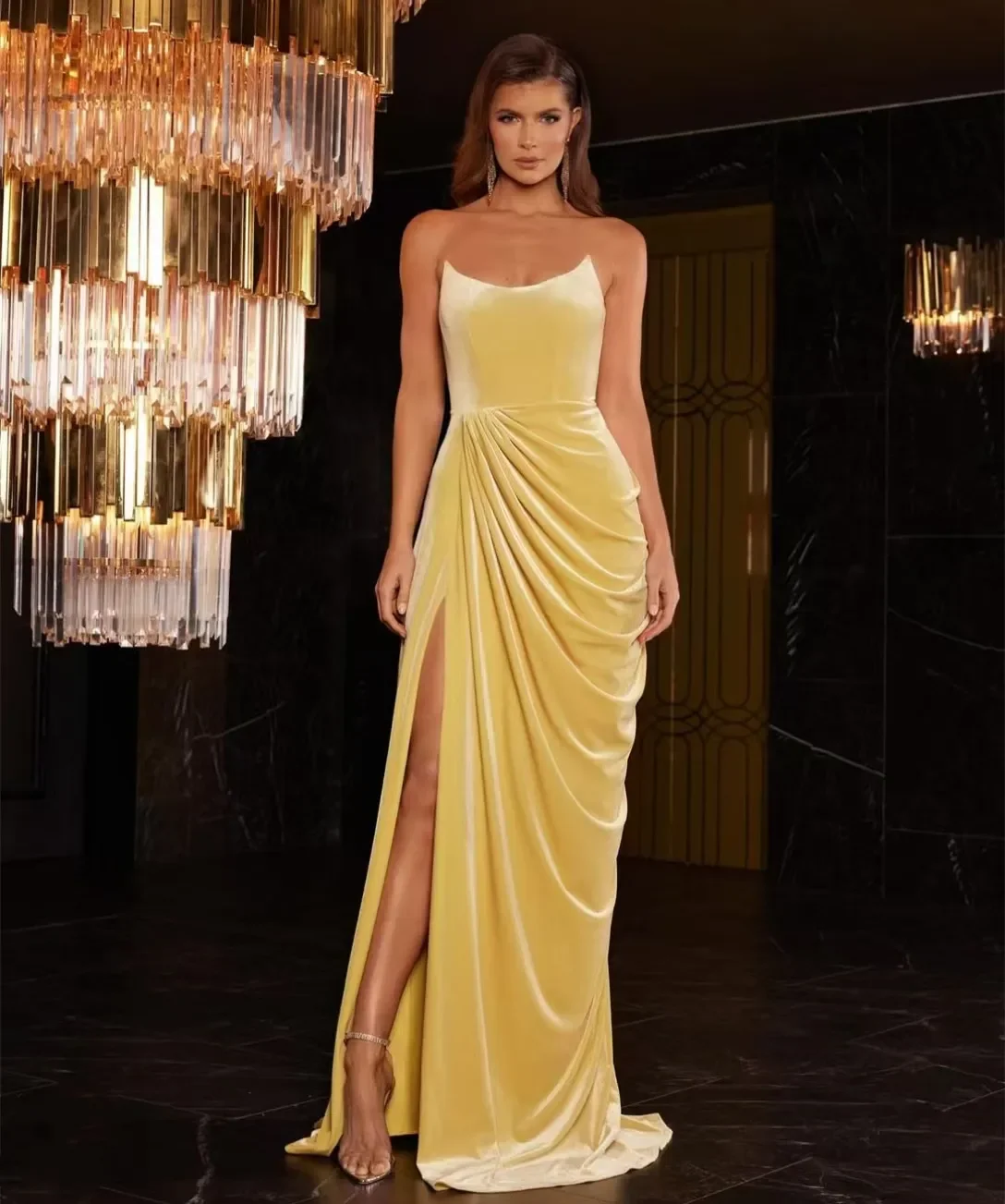 Customized Sexy Long Yellow Strapless Prom Dresses Mermaid Pleated Watteau Train Evening Fashion Elegant Party Dress For Women 2