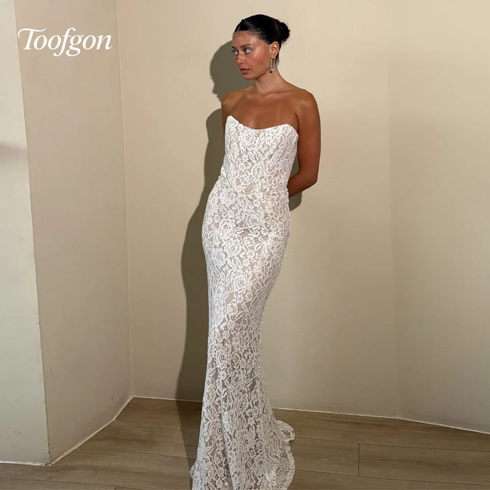 

Toofgon Strapless Lace Prom Dresses Sweetheart Formal Evening Party Gowns Customized Mermaid Women Wedding Engagement Dress