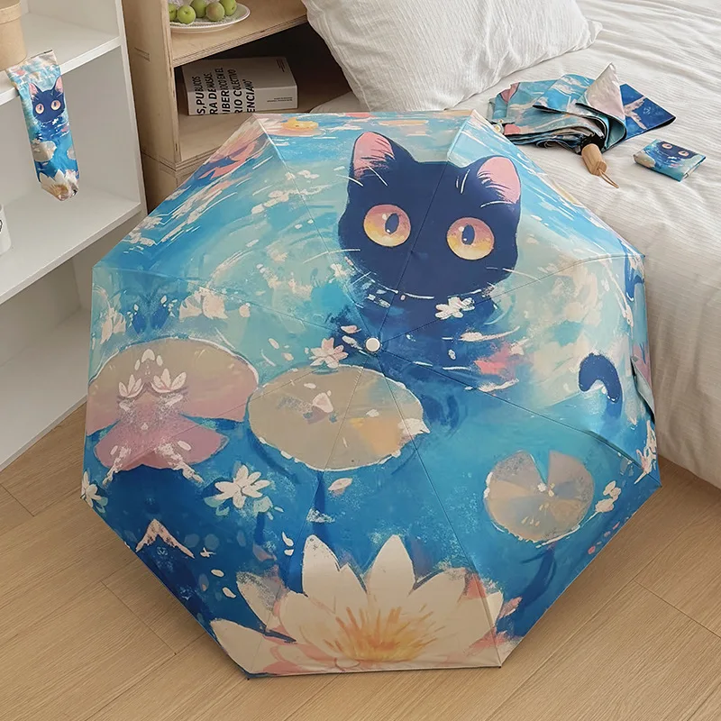 8Ribs Cute Automatic Cat Pattern Folding Umbrella UV Protection Portable Travel Compact Design for Sunny and Rainy Days Sunshade