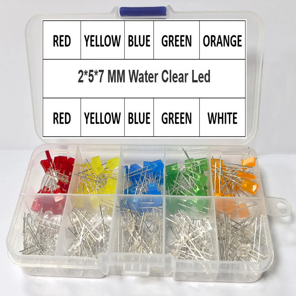 200Pcs/Lot 2*5*7MM Square LED Kit Primary Color Water Clear Red Blue Green Yellow Orange White DIY 257 Diode Pack