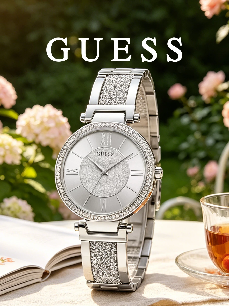 Guess Women's Watch Silver Tone Stainless Steel Quartz Watch Glitter Strap Rhinestone Bezel Fashion Accessory for Daily Wear