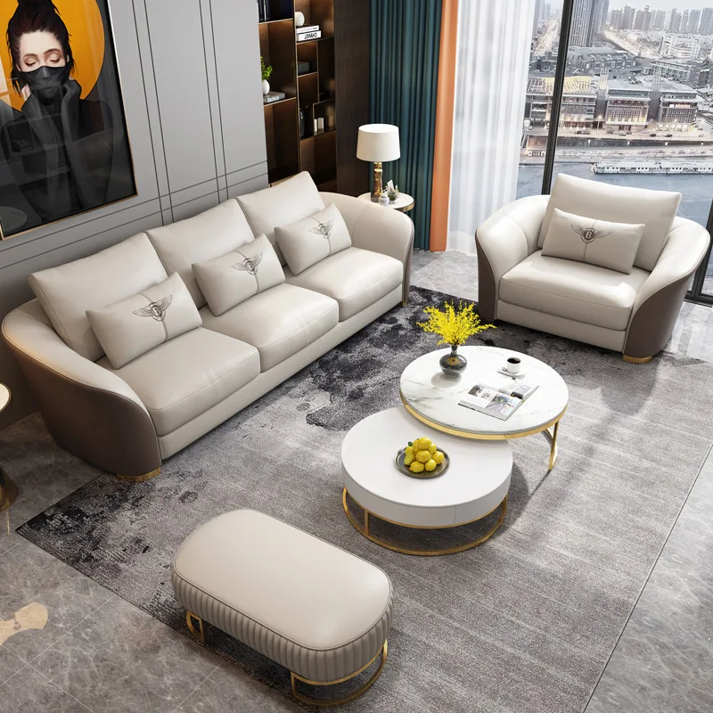 Italian design luxury home modular leather sofa set villa furniture wooden frame