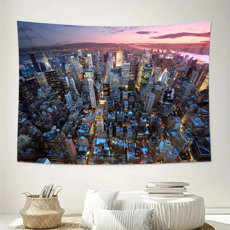 New York City Night Skyline Aerial View Wall Tapestry Machine Washable All Season Decor Print Home Enhance spatial aesthetics