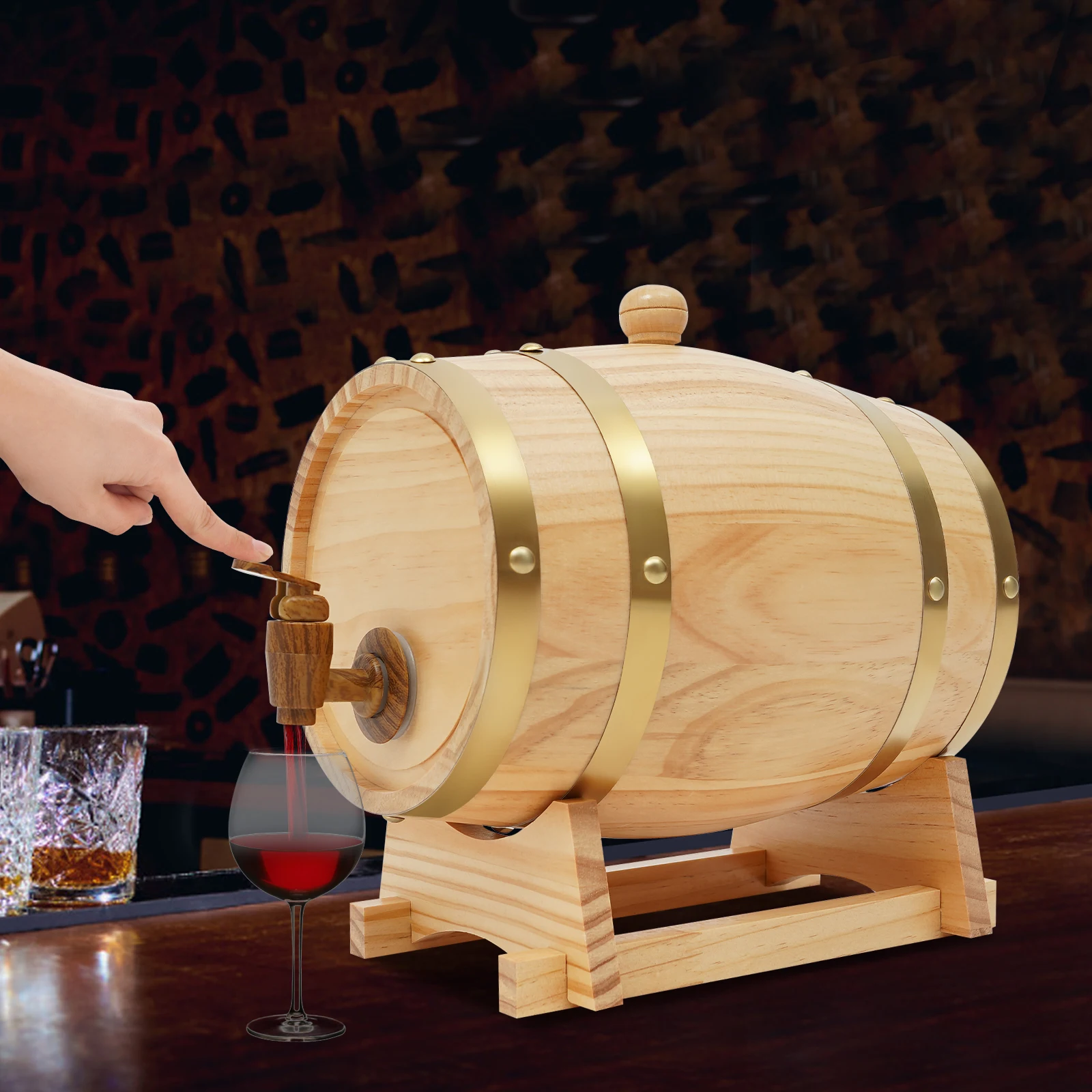 3L Wood Wine Barrel with Stand Oak Aging Whiskey Dispenser for Cocktails Whiskey and Wine