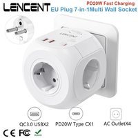 LENCENT EU Plug Wall Socket Extender with 4 AC +QC3.0USBX2 +1 Type C PD20W Fast Charger Adapter 7-in-1 Socket On/Off Switch