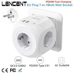 LENCENT EU Plug Wall Socket Extender with 4 AC +QC3.0USBX2 +1 Type C PD20W Fast Charger Adapter 7-in-1 Socket On/Off Switch