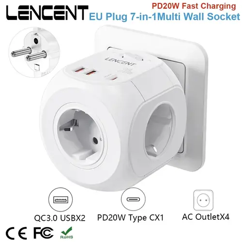 LENCENT EU 플러그 벽 소켓 확장기, AC 4 개, QC3.0USBX2 1 개, C타입 PD20W 고속 충전기 어댑터, 소켓 켜기/끄기 스위치 7-in-1  Best5