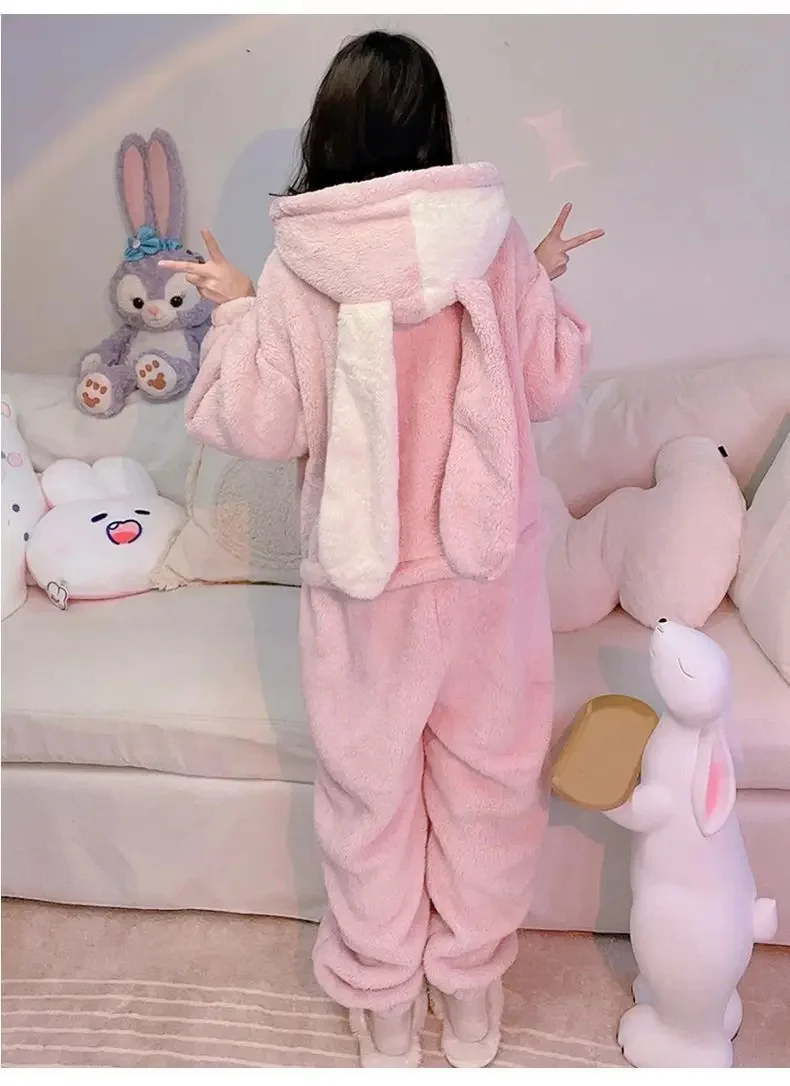 New Style Coral Velvet Onesies Women Cute Pijamas Rabbit Kigurumi Preppy Cartoon Hooded Kawaii Thicker Cotton Pajamas Homewear