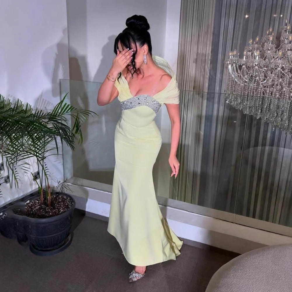 

Customized Exquisite Sleeveless Off The Shoulder Evening Dress Charming Beading Prom Dress V Neck Satin Party Gown твечерне