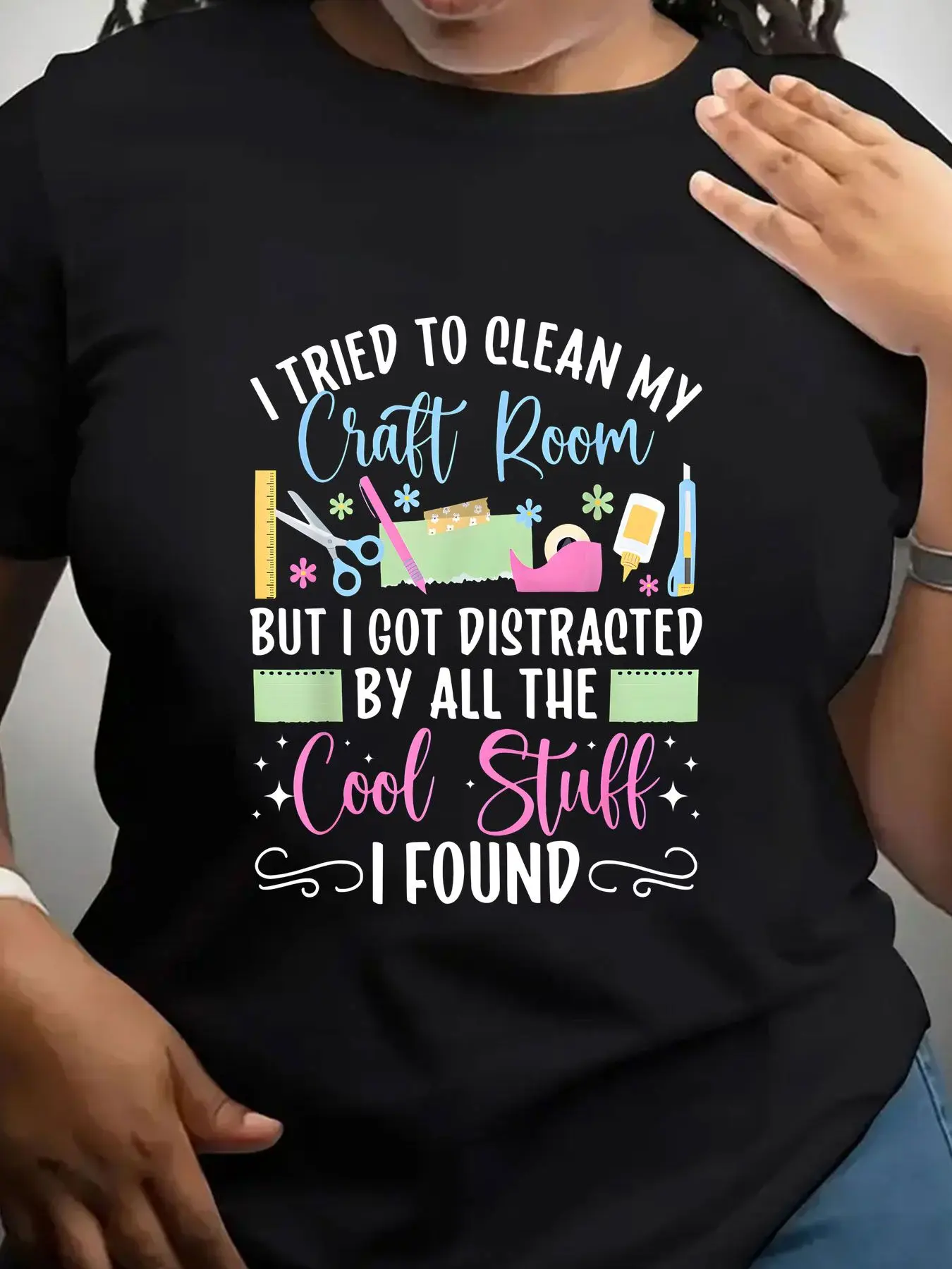 Camiseta de cuello redondo moderna para mujer con estampado 'Tried Clean Craft Room Distracted Cool Stuff Found', adecuada para ropa deportiva informal