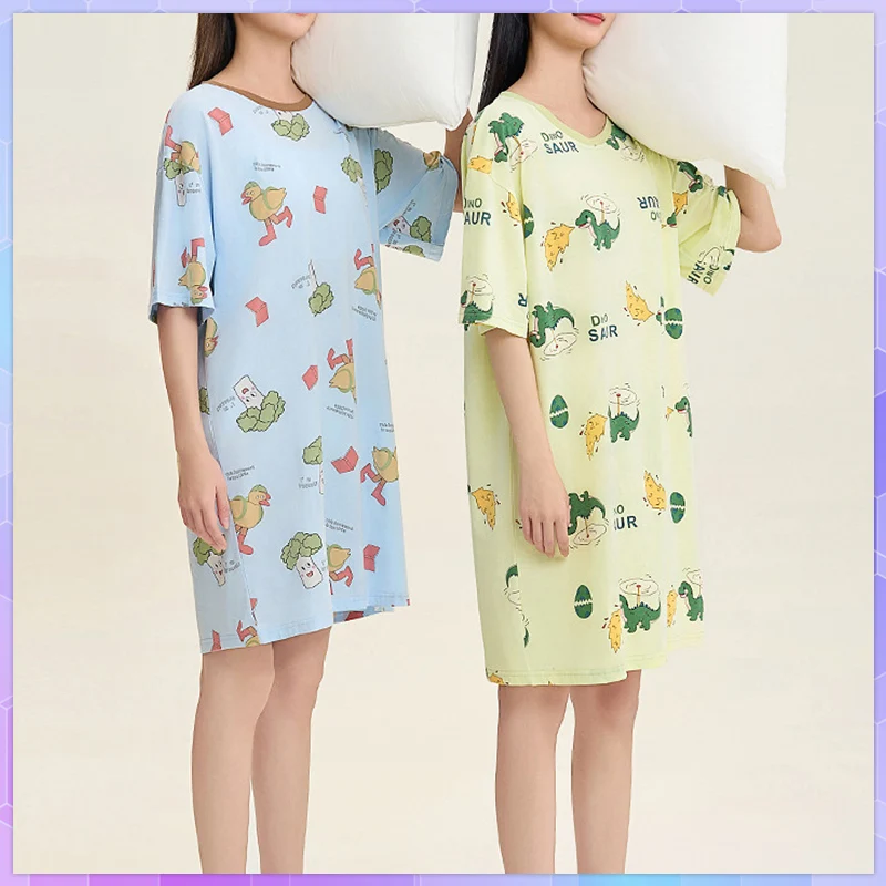 Summer Sleepshirts Comfortable Cartoon Cotton Nightgown Skirt Home Nightgowns Women Sleepwear Round Neck Night Dress Night Wear