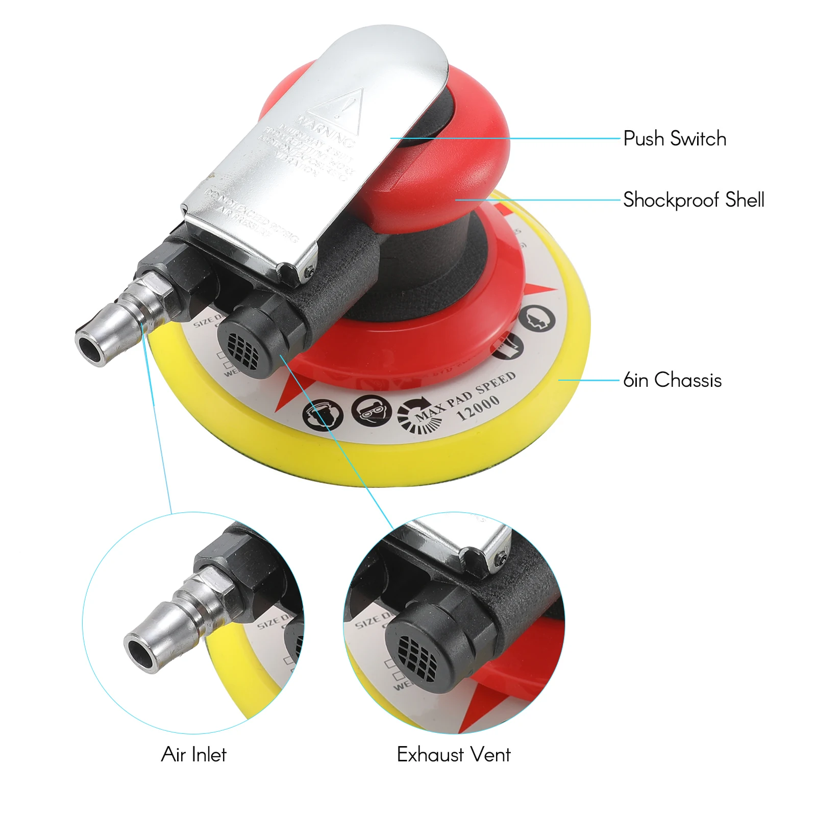 Pneumatic Orbital Sander Air Grinder 6 Inch Vacuum Eccentric Polishing Sanding Waxing for Car Wall Wood Metal 10000RPM