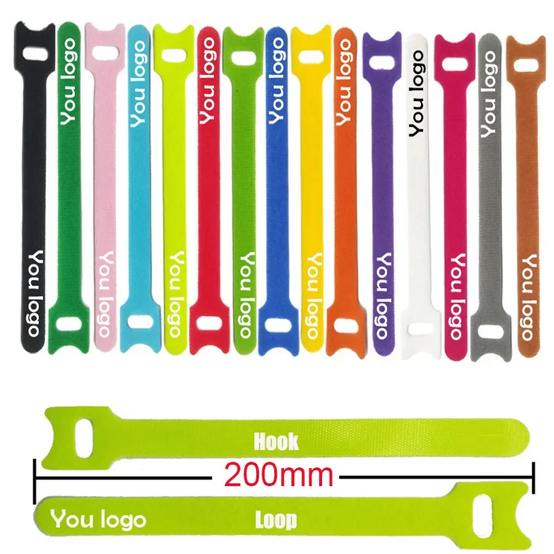 100pcs 200mm Customized LOGO nylon Reverse buckle  cable ties strap sticky Line finishing print your logo