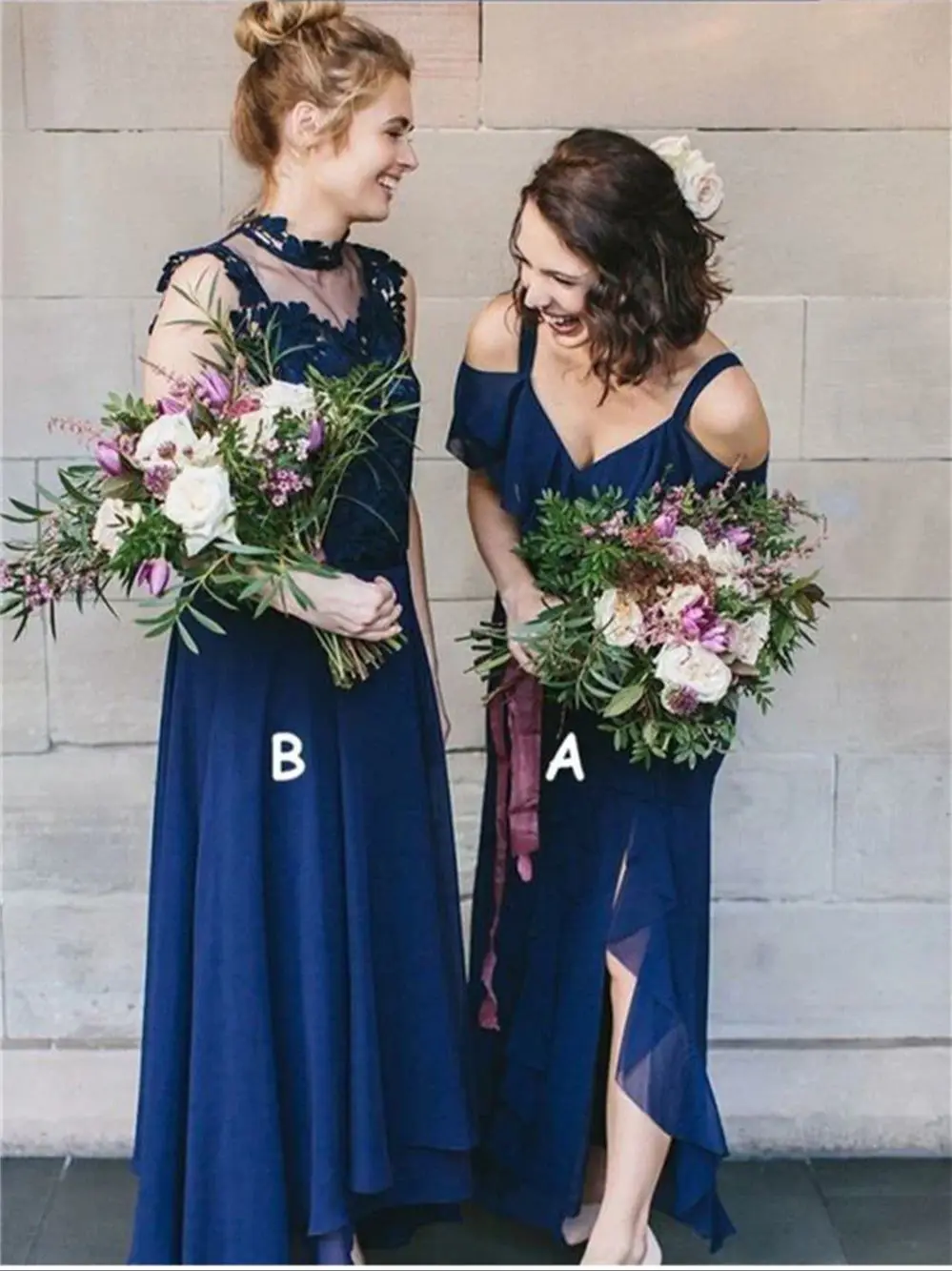 Dark Navy Bridesmaid Dresses with Straps A-line High Neck Long Simple Slit  Chiffon Lace Applique Ruffle Birthday Party Dresses