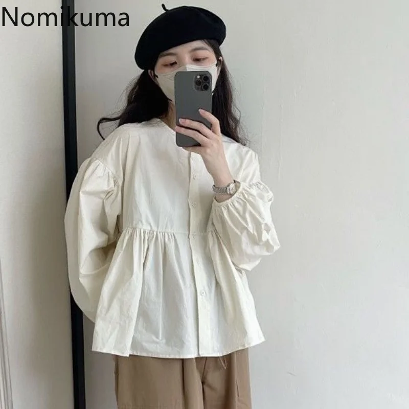 Nomikuma Shirts Blouses Spring Autumn Lantern Sleeve Pleated Loose Solid Blouses for Women Fashion 2022 Casual Shirts for Women