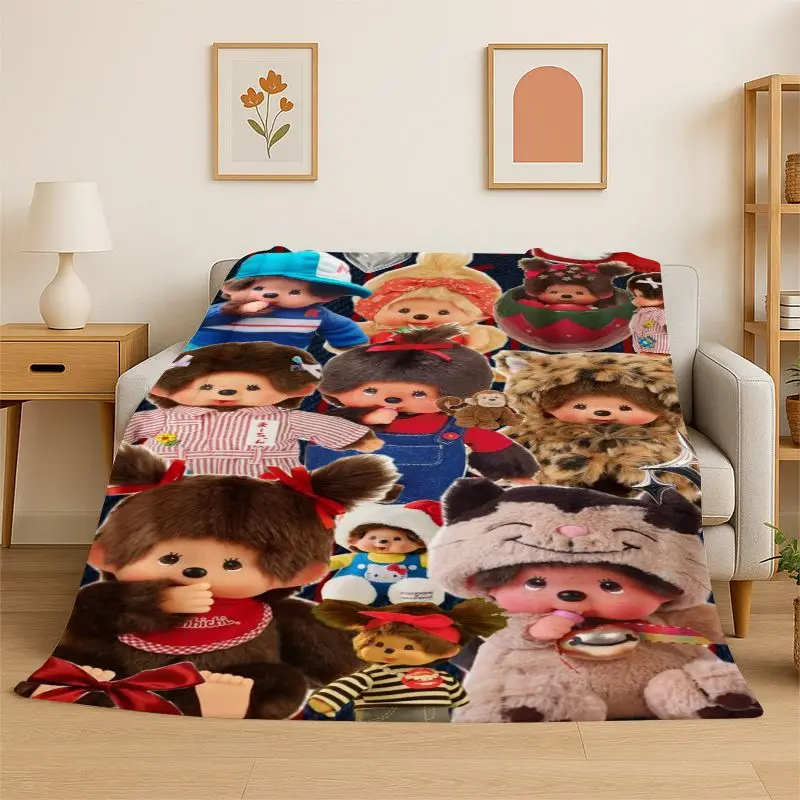 HD M-Monchhichi Cute Cartoon Monkey Holiday Flannel Blanket Soft Throw Blanket for Bedroom Living Room Bed office Picnic Gift