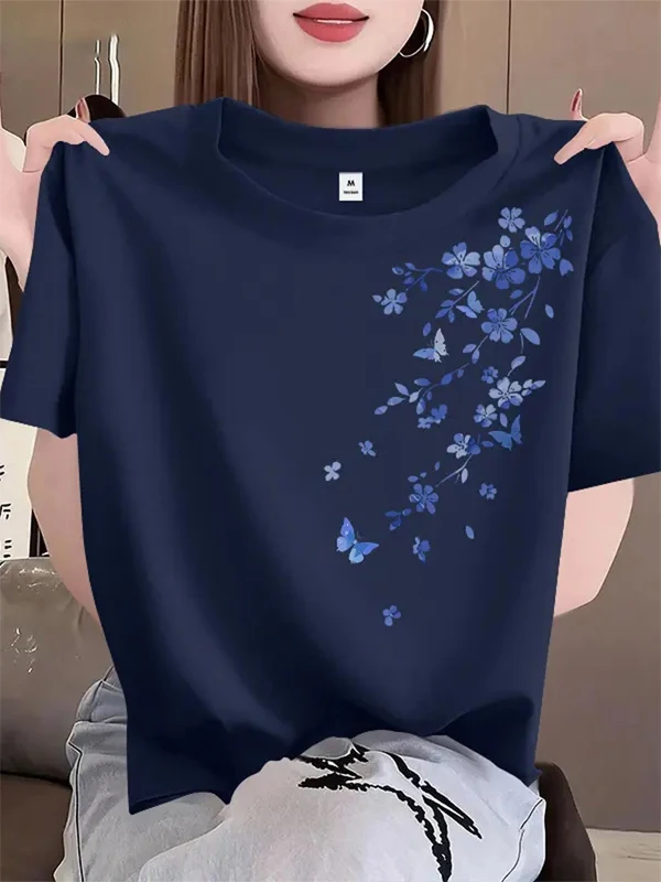 

Pure Cotton round Neck Short Sleeve T-Shirt Women's Summer Slimming Floral Print Versatile Elegant Small Audience Top