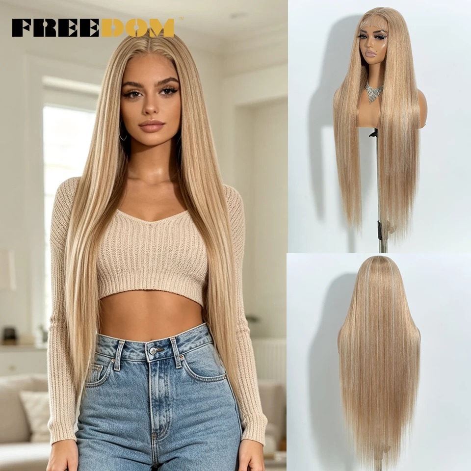 FREEDOM Lange Yaki Glatte Synthetische Lace-Front-Perücken für Schwarze Frauen 38 Zoll Ombre Braun Pfirsich Rosa Spitzenperücke für den täglichen Gebrauch – Detail 8
