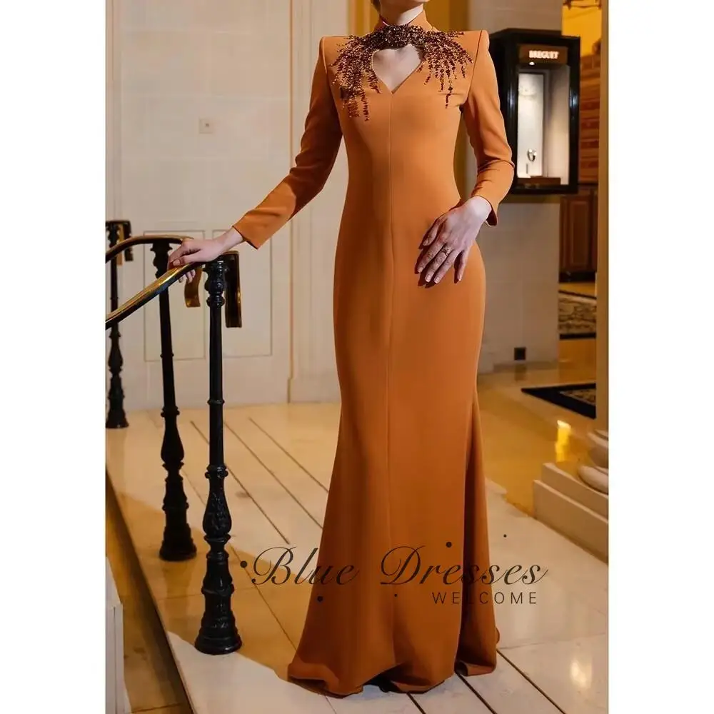 customized  heart neck floor-length long sleeve gown with delicate sequins on neckline. Tight waist design shapes your figure pe